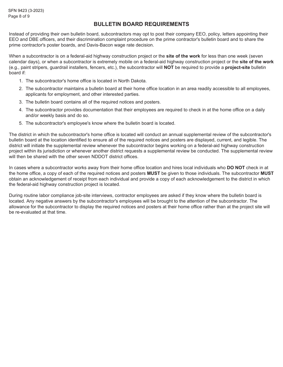 Form SFN9423 Pre-construction Conference - Equal Employment Opportunity (EEO), Title VI, Labor Standards, and Dbe Participation Information - North Dakota, Page 8