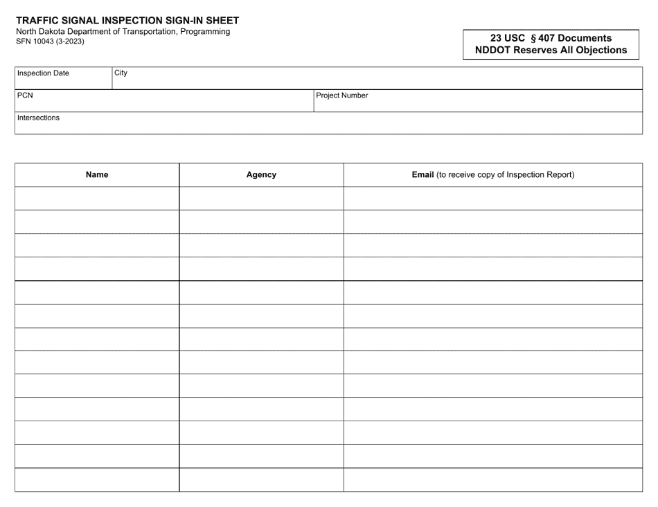 Form SFN10043 Traffic Signal Inspection Sign-In Sheet - North Dakota, Page 1