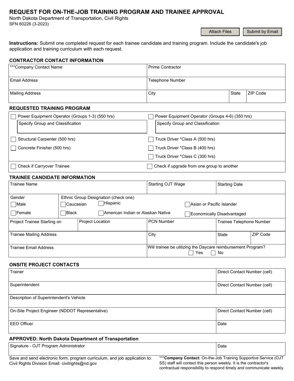 Form SFN60226 Request for on-The-Job Training Program and Trainee Approval - North Dakota, Page 1