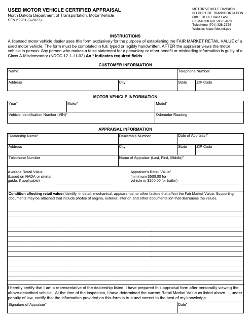 Form SFN62281 Used Motor Vehicle Certified Appraisal - North Dakota