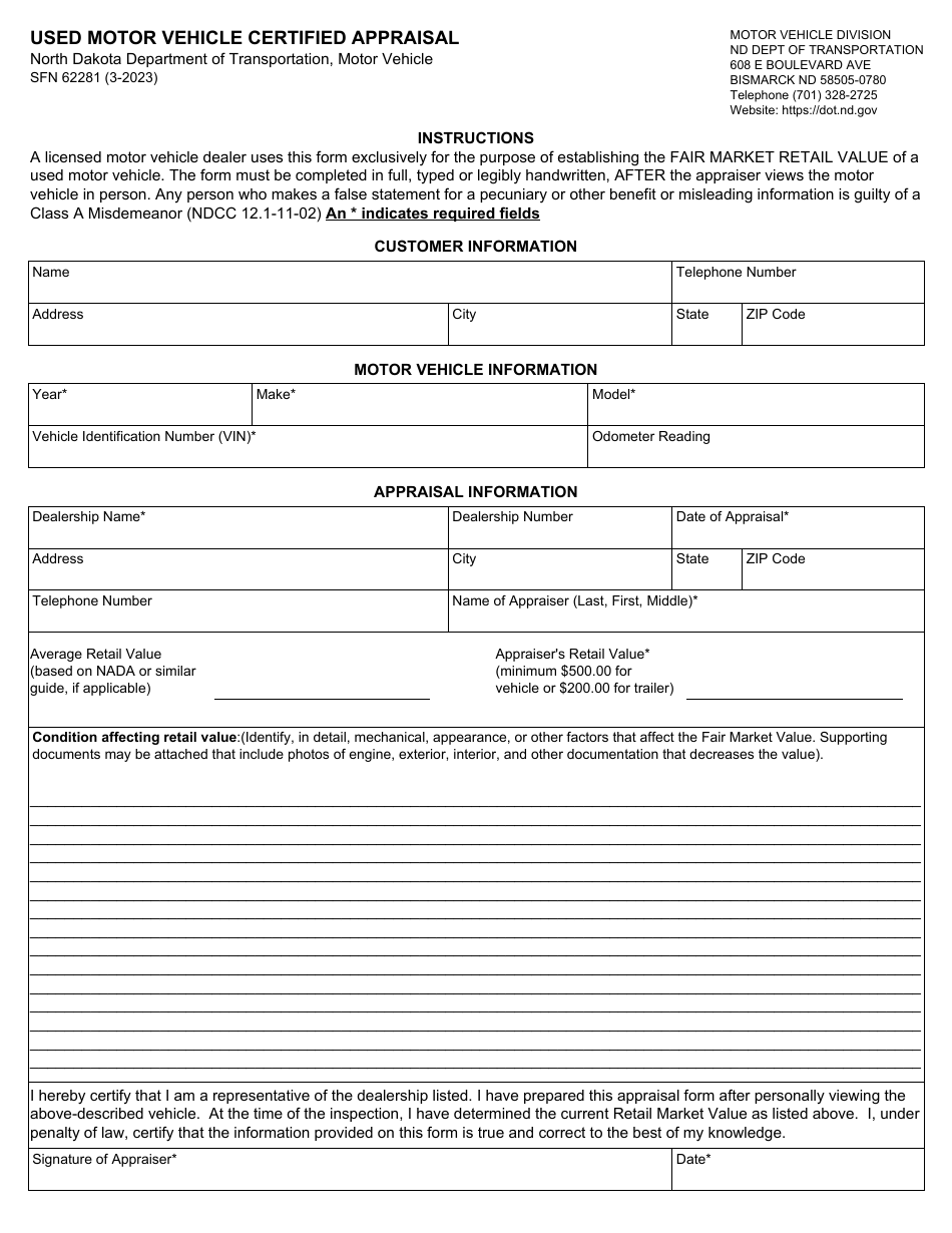 Form SFN62281 Used Motor Vehicle Certified Appraisal - North Dakota, Page 1