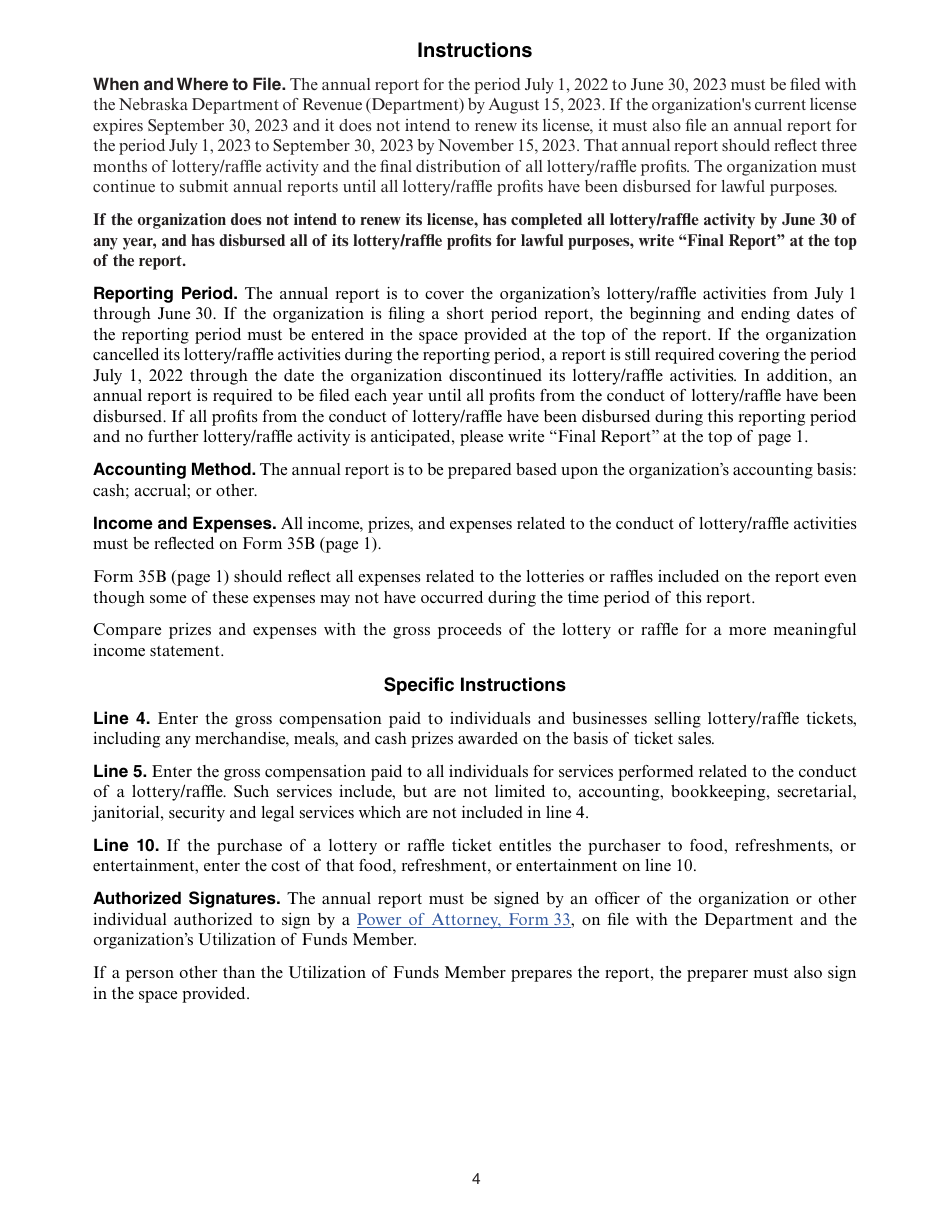 Form 35B Nebraska Lottery / Raffle Annual Report - Nebraska, Page 4