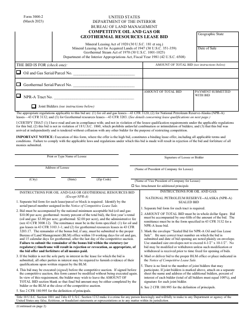 BLM Form 3000-2 Competitive Oil and Gas or Geothermal Resources Lease Bid