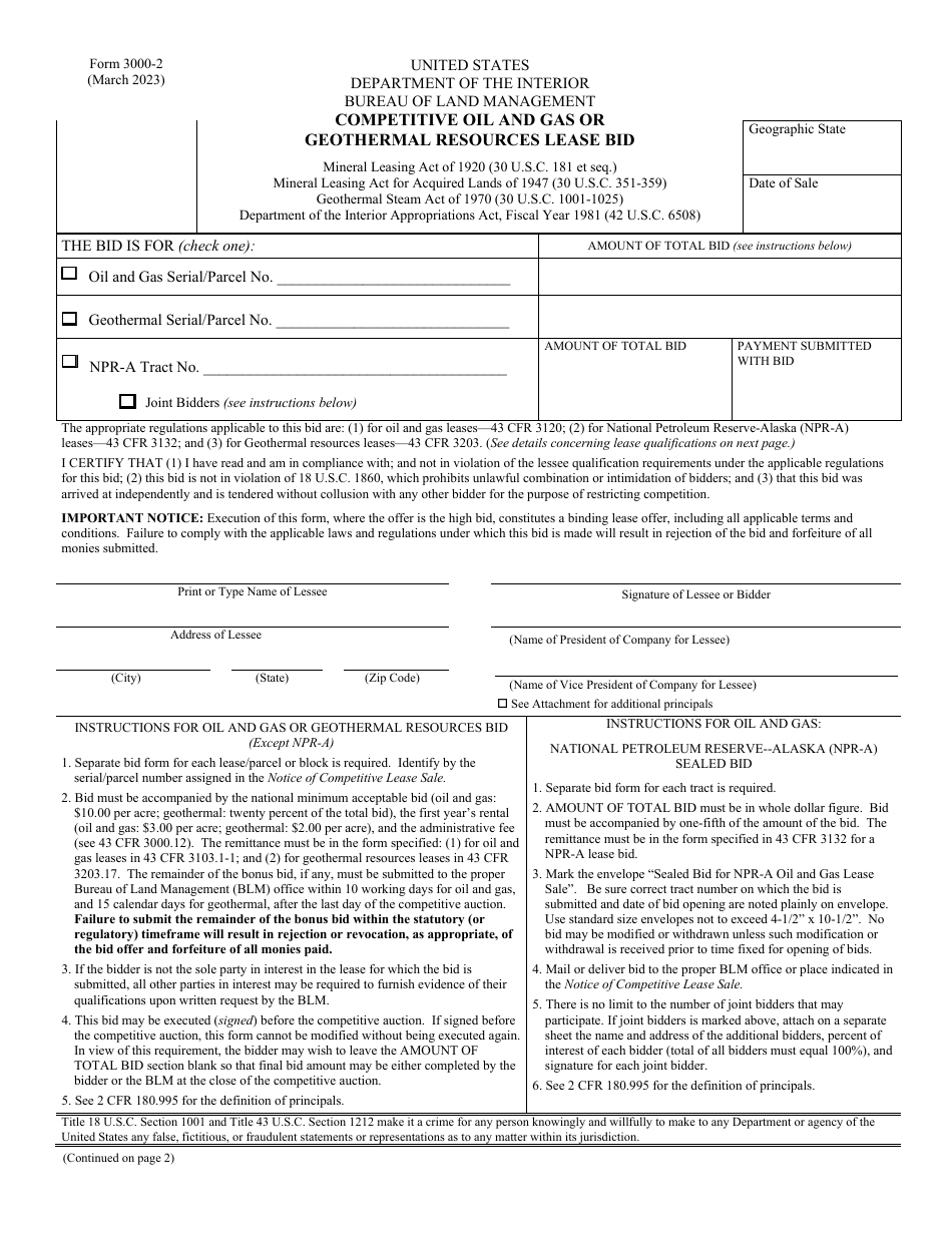 BLM Form 3000-2 Competitive Oil and Gas or Geothermal Resources Lease Bid, Page 1