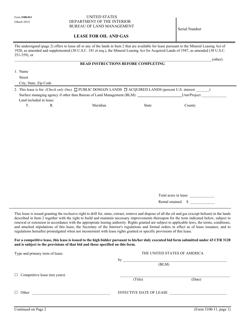 BLM Form 3100-011 Lease for Oil and Gas, Page 1