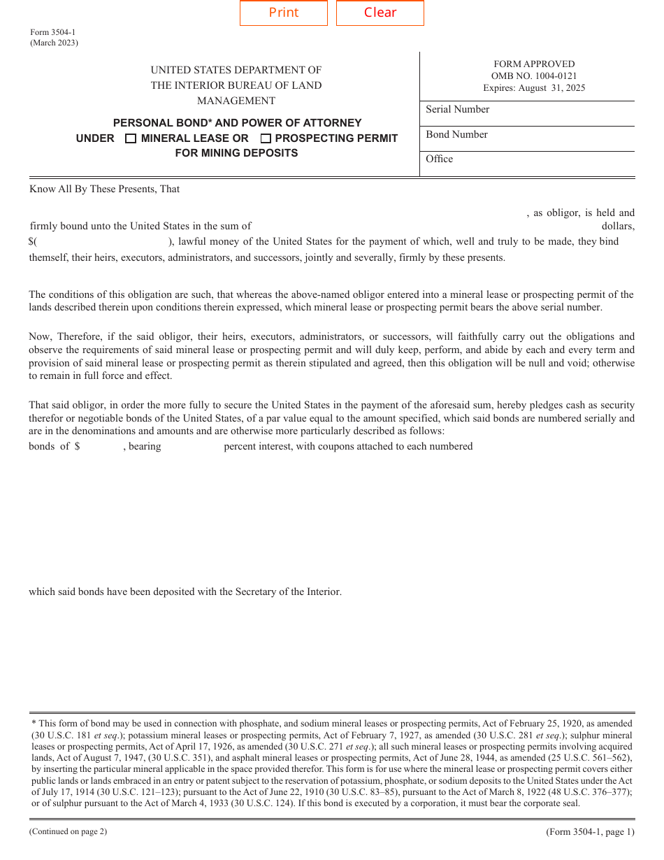 BLM Form 3504-1 Personal Bond and Power of Attorney Under Mineral Lease or Prospecting Permit for Mining Deposits, Page 1