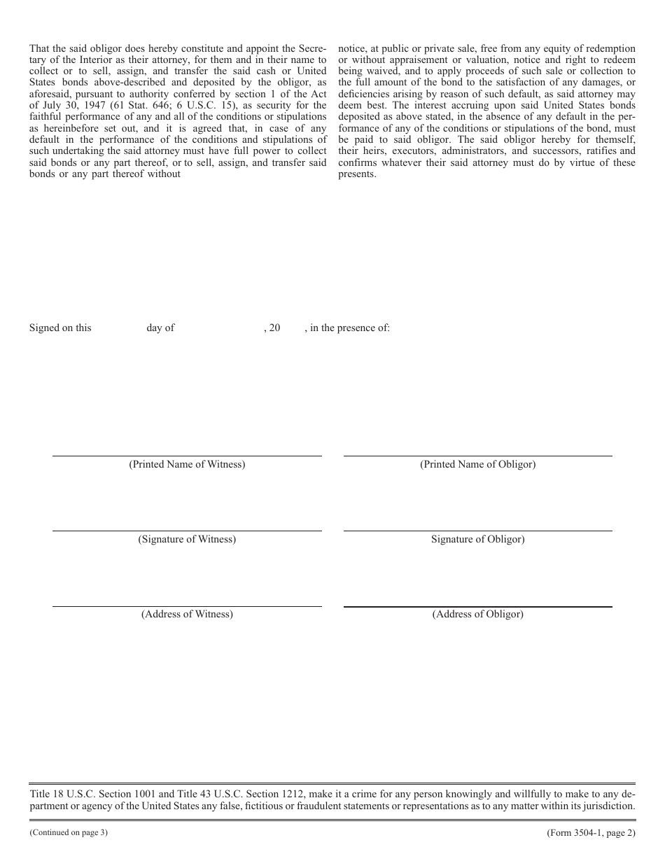 BLM Form 3504-1 Personal Bond and Power of Attorney Under Mineral Lease or Prospecting Permit for Mining Deposits, Page 2