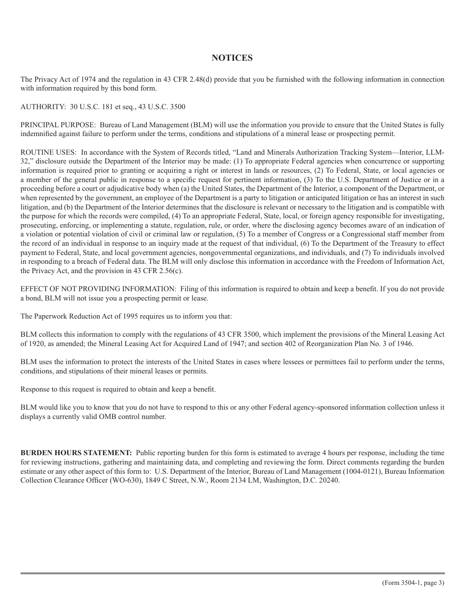 BLM Form 3504-1 Personal Bond and Power of Attorney Under Mineral Lease or Prospecting Permit for Mining Deposits, Page 3