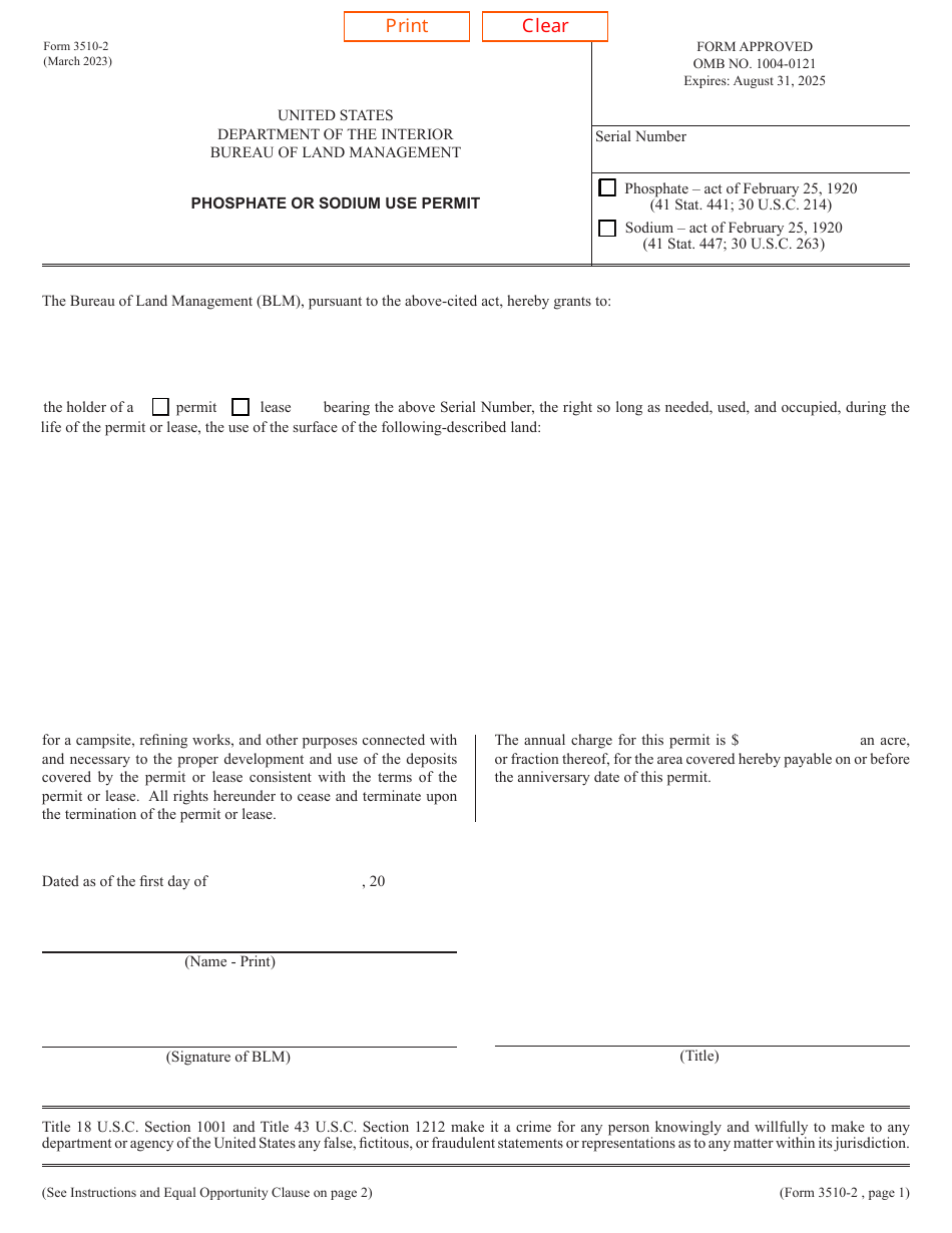 BLM Form 3510-2 Phosphate or Sodium Use Permit, Page 1