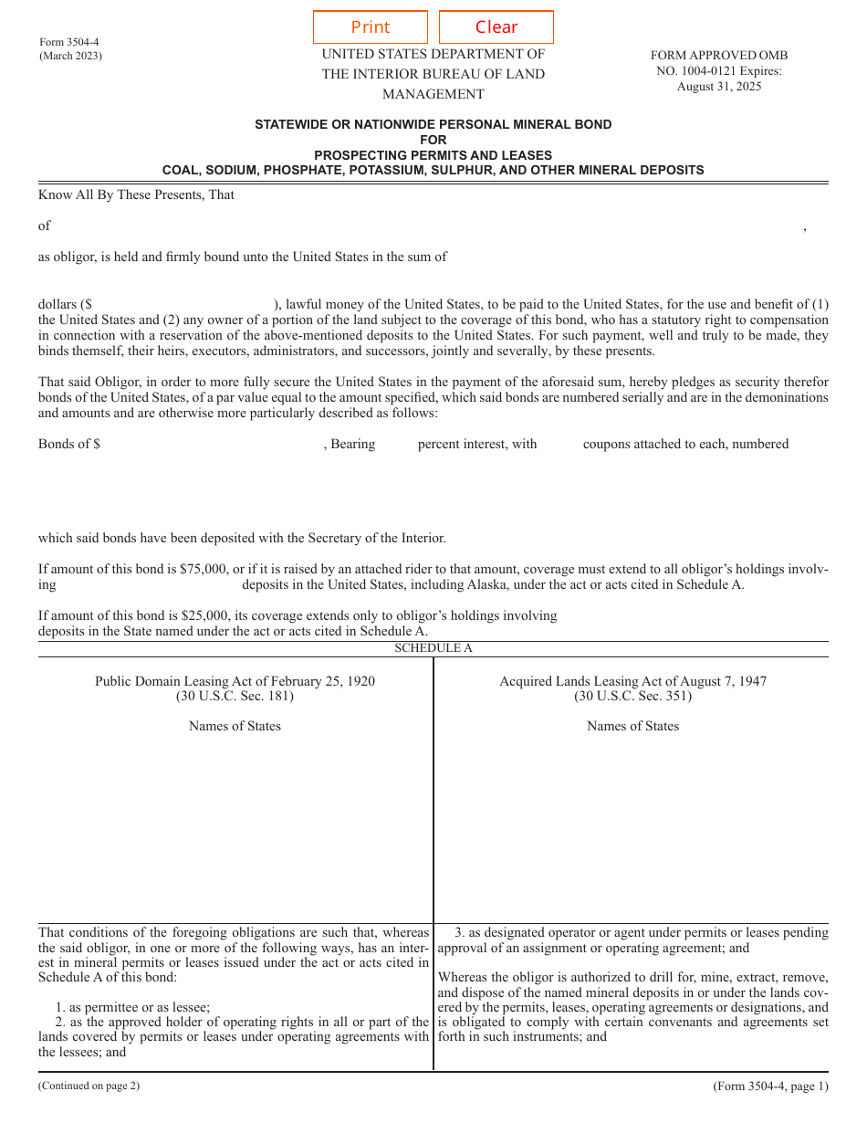 BLM Form 3504-4 Statewide or Nationwide Personal Mineral Bond for Prospecting Permits and Leases Coal, Sodium, Phosphate, Potassium, Sulphur, and Other Mineral Deposits, Page 1