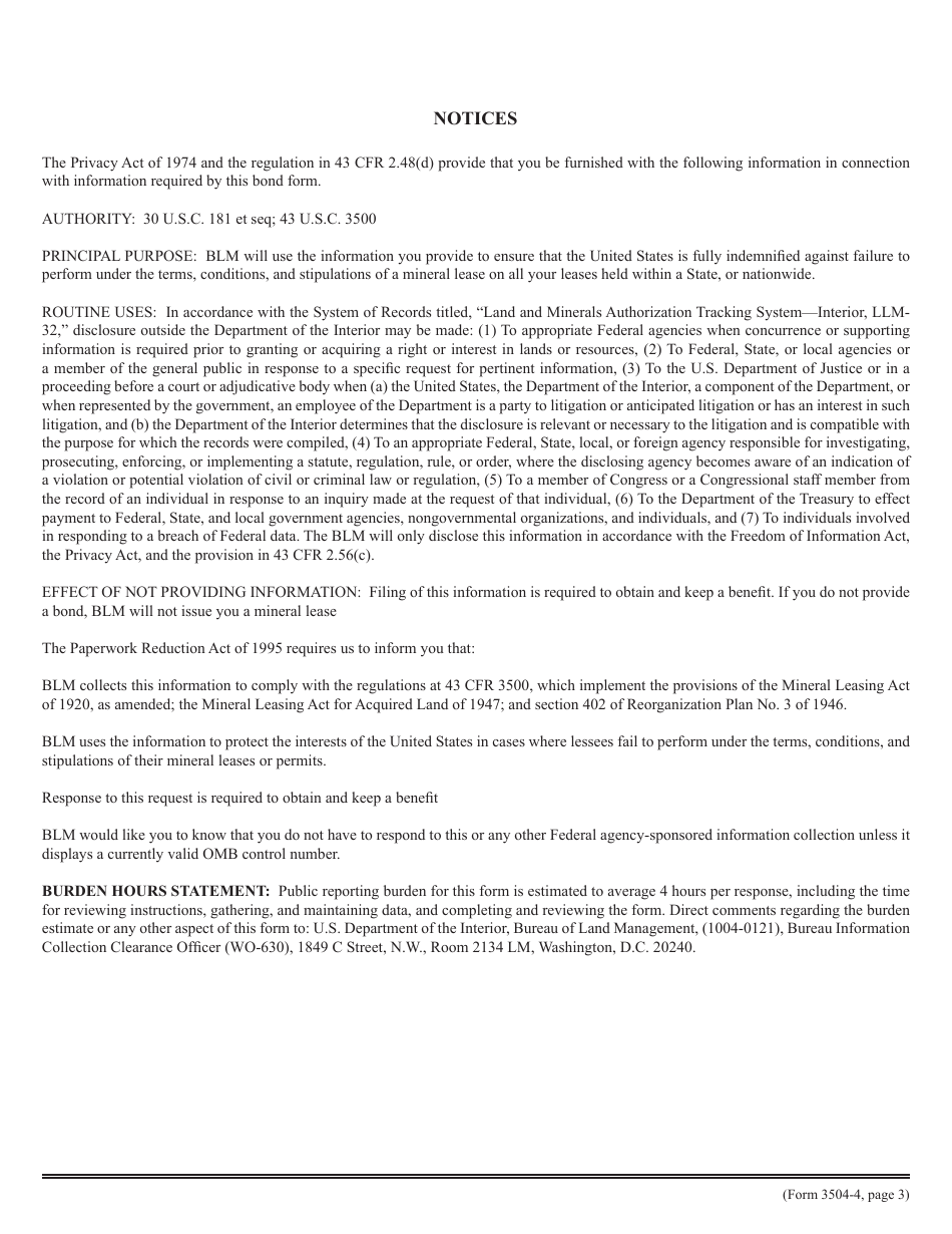 BLM Form 3504-4 Statewide or Nationwide Personal Mineral Bond for Prospecting Permits and Leases Coal, Sodium, Phosphate, Potassium, Sulphur, and Other Mineral Deposits, Page 3