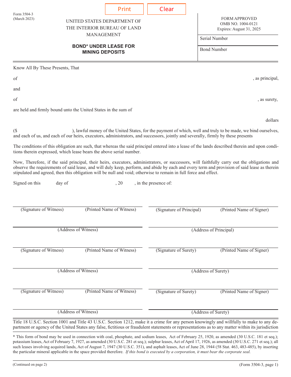 BLM Form 3504-3 Bond Under Lease for Mining Deposits, Page 1