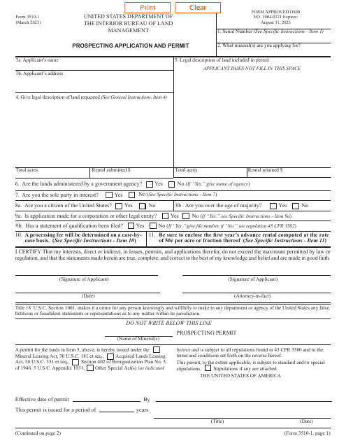 BLM Form 3510-1 Prospecting Application and Permit