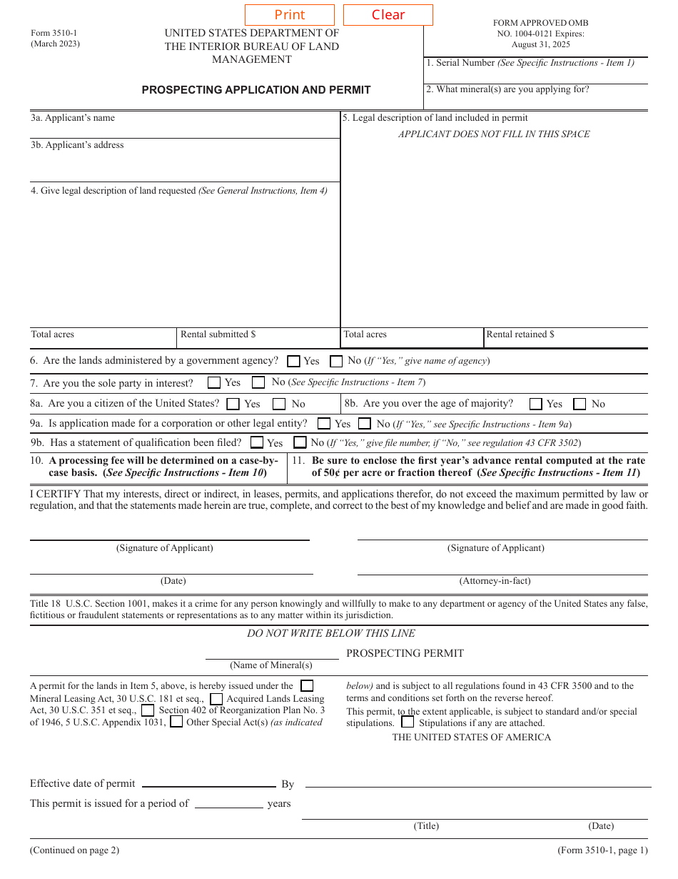 BLM Form 3510-1 Prospecting Application and Permit, Page 1