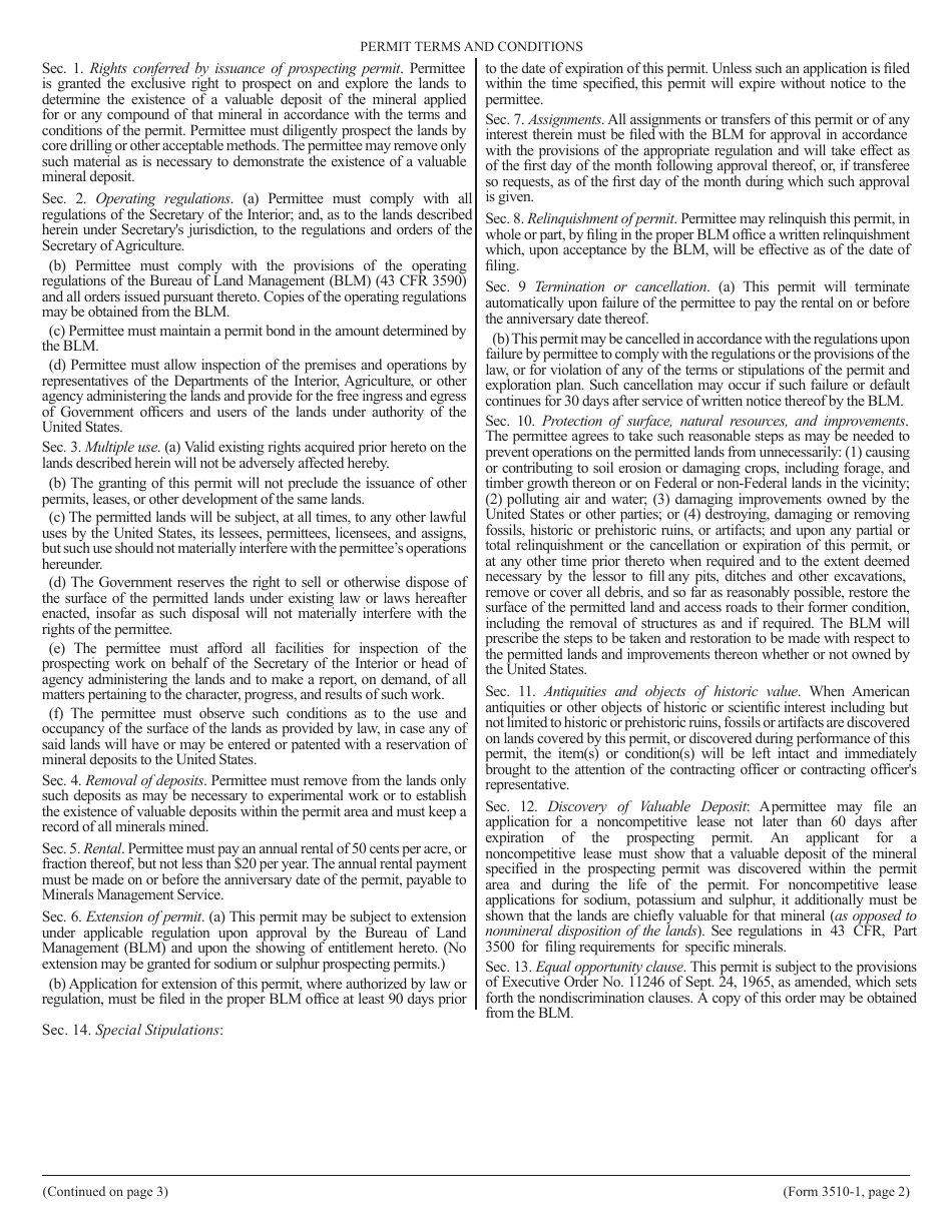 BLM Form 3510-1 Prospecting Application and Permit, Page 2
