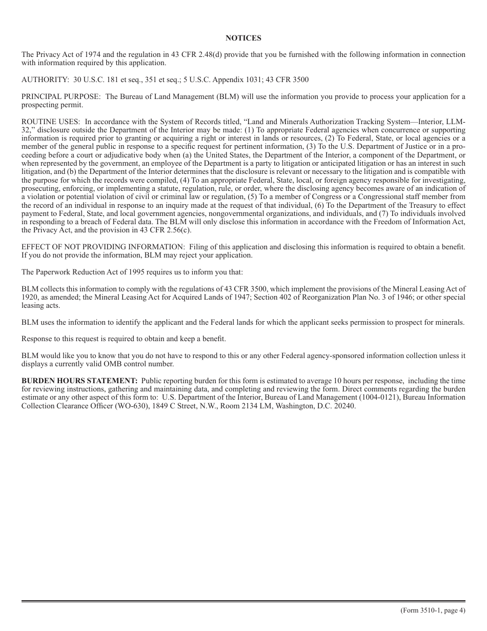 BLM Form 3510-1 Prospecting Application and Permit, Page 4