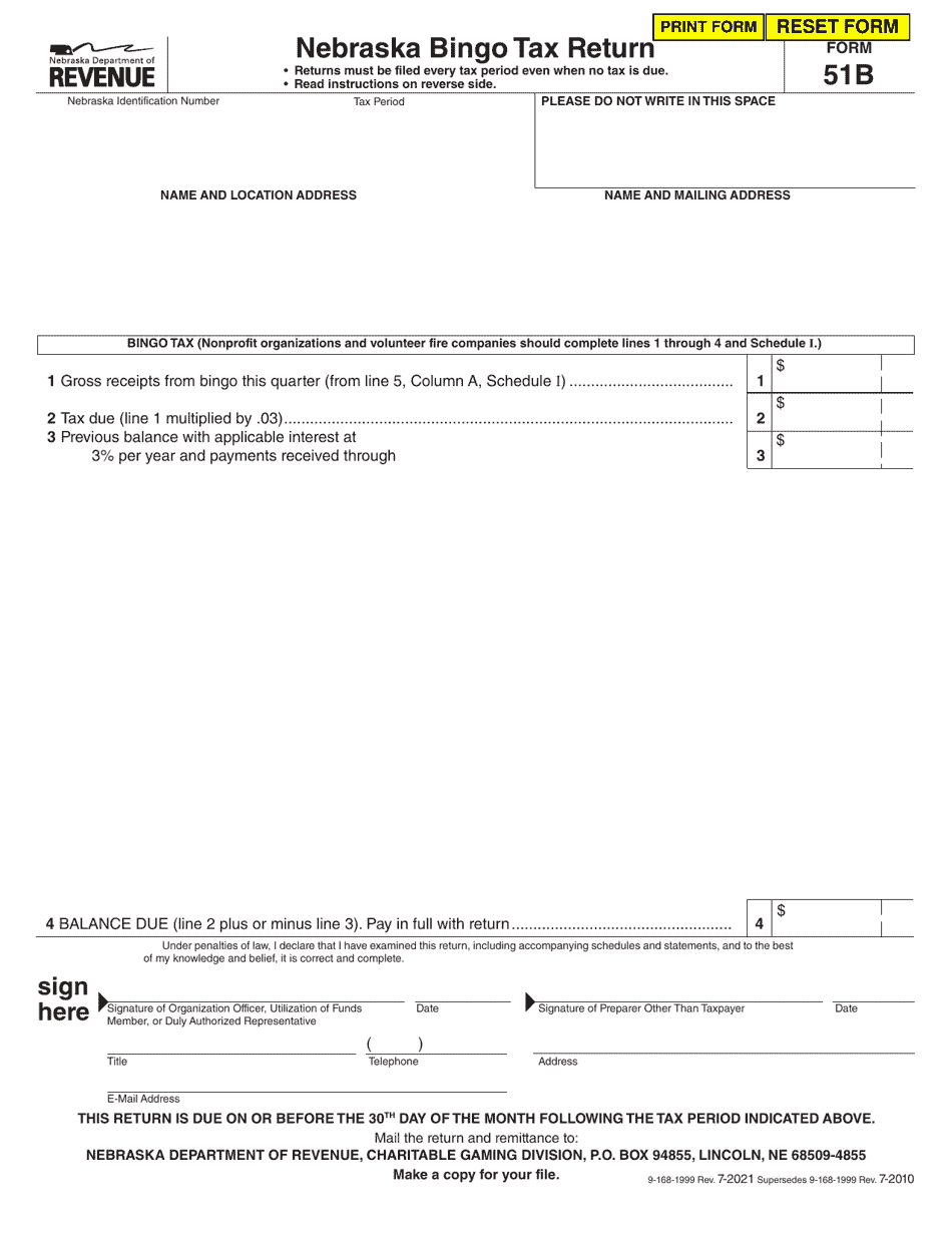 Form 51B Nebraska Bingo Tax Return - Nebraska, Page 1