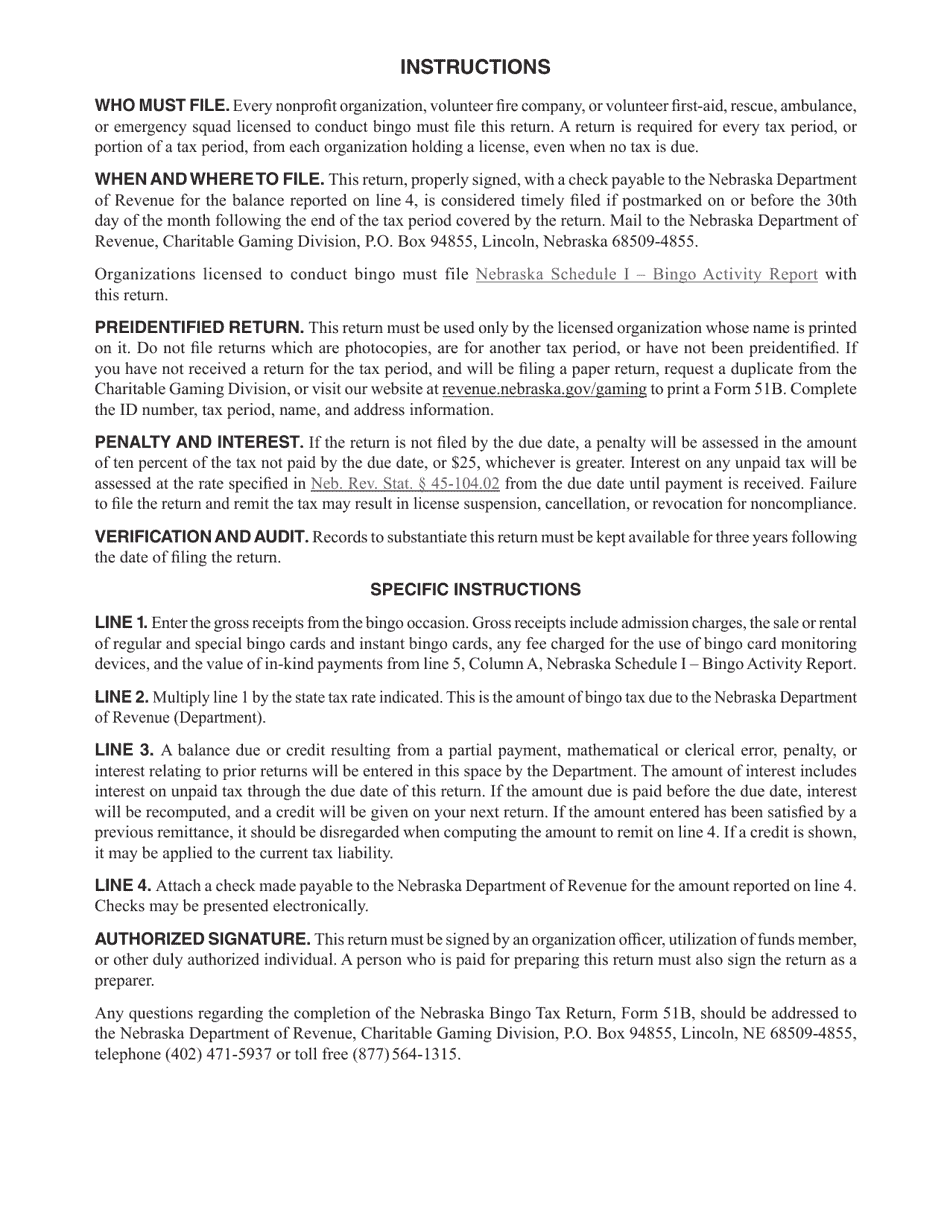 Form 51B Nebraska Bingo Tax Return - Nebraska, Page 2