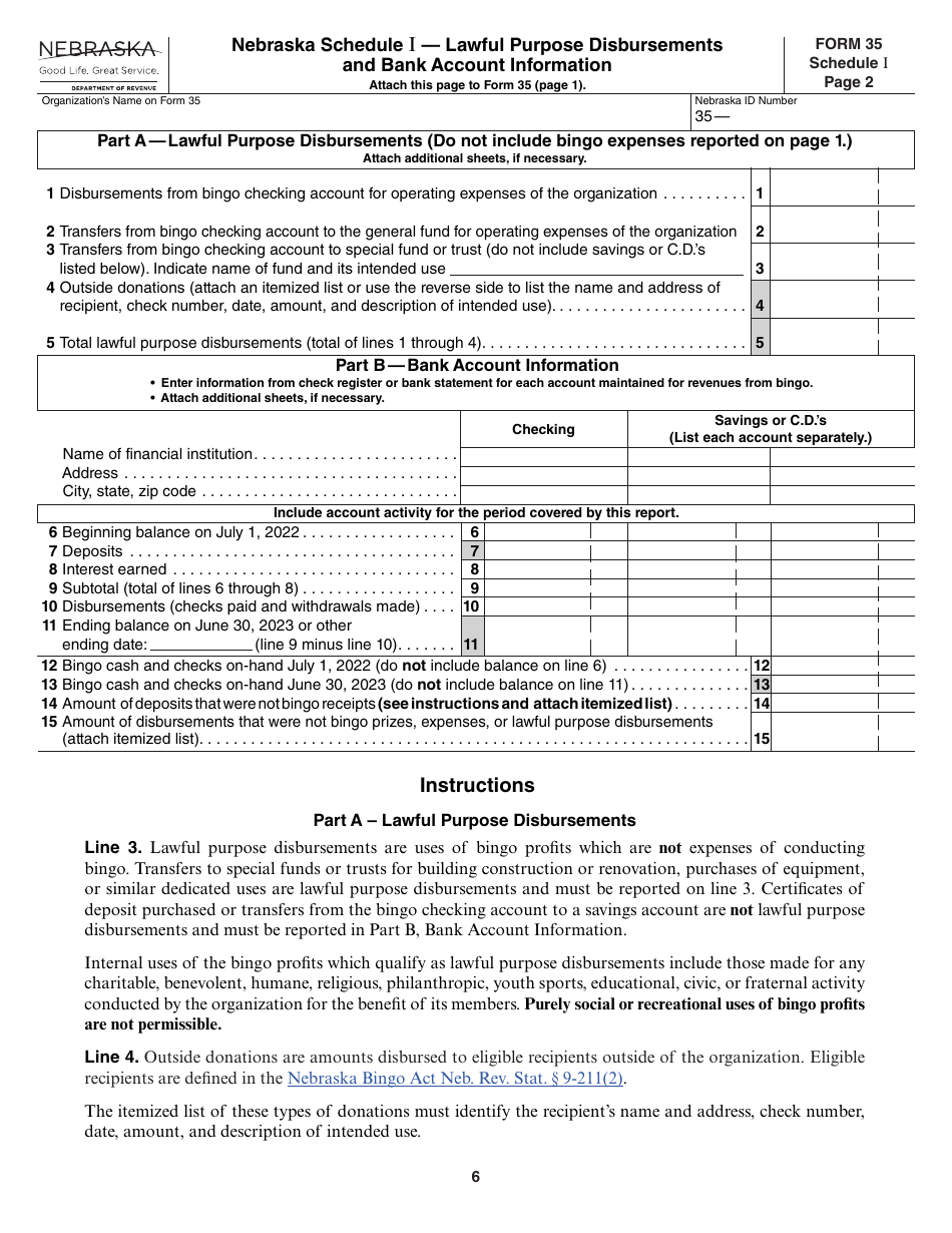 Form 35 Nebraska Class I Bingo Annual Report - Nebraska, Page 6