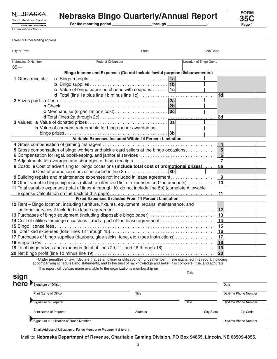 Form 35C Nebraska Class II Bingo Quarterly / Annual Report - Nebraska, Page 3