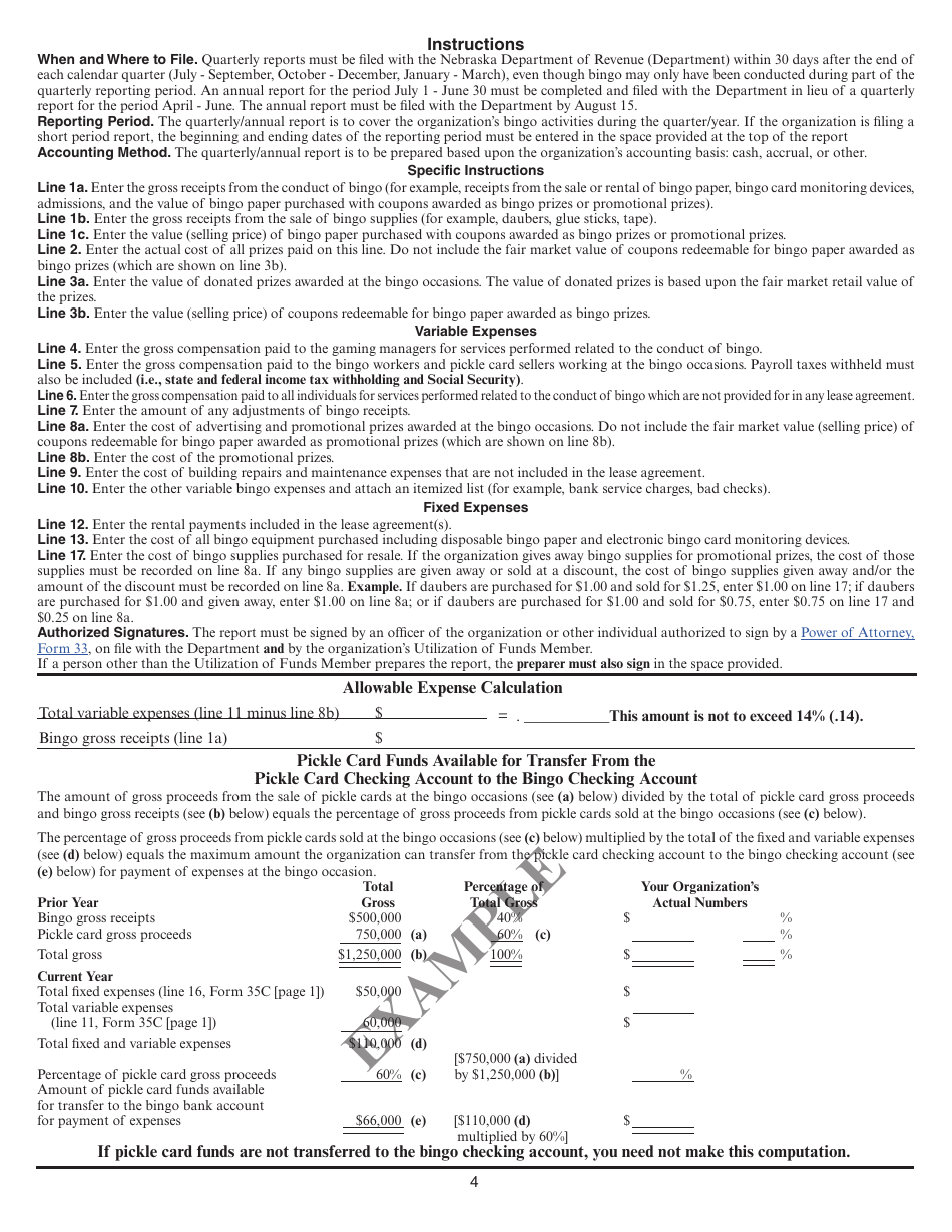 Form 35C Nebraska Class II Bingo Quarterly / Annual Report - Nebraska, Page 4