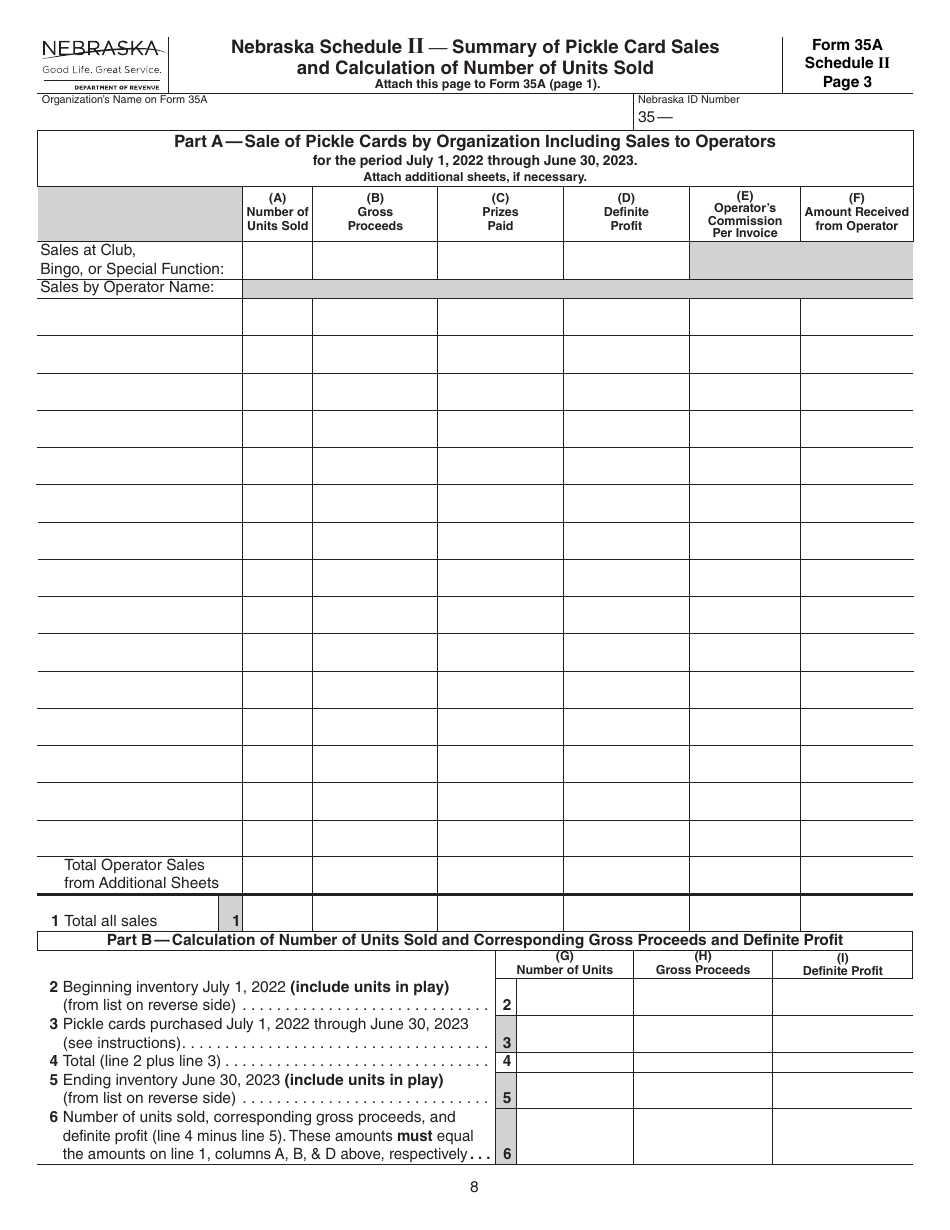 Form 35A Nebraska Lottery by Pickle Card Annual Report - Nebraska, Page 8