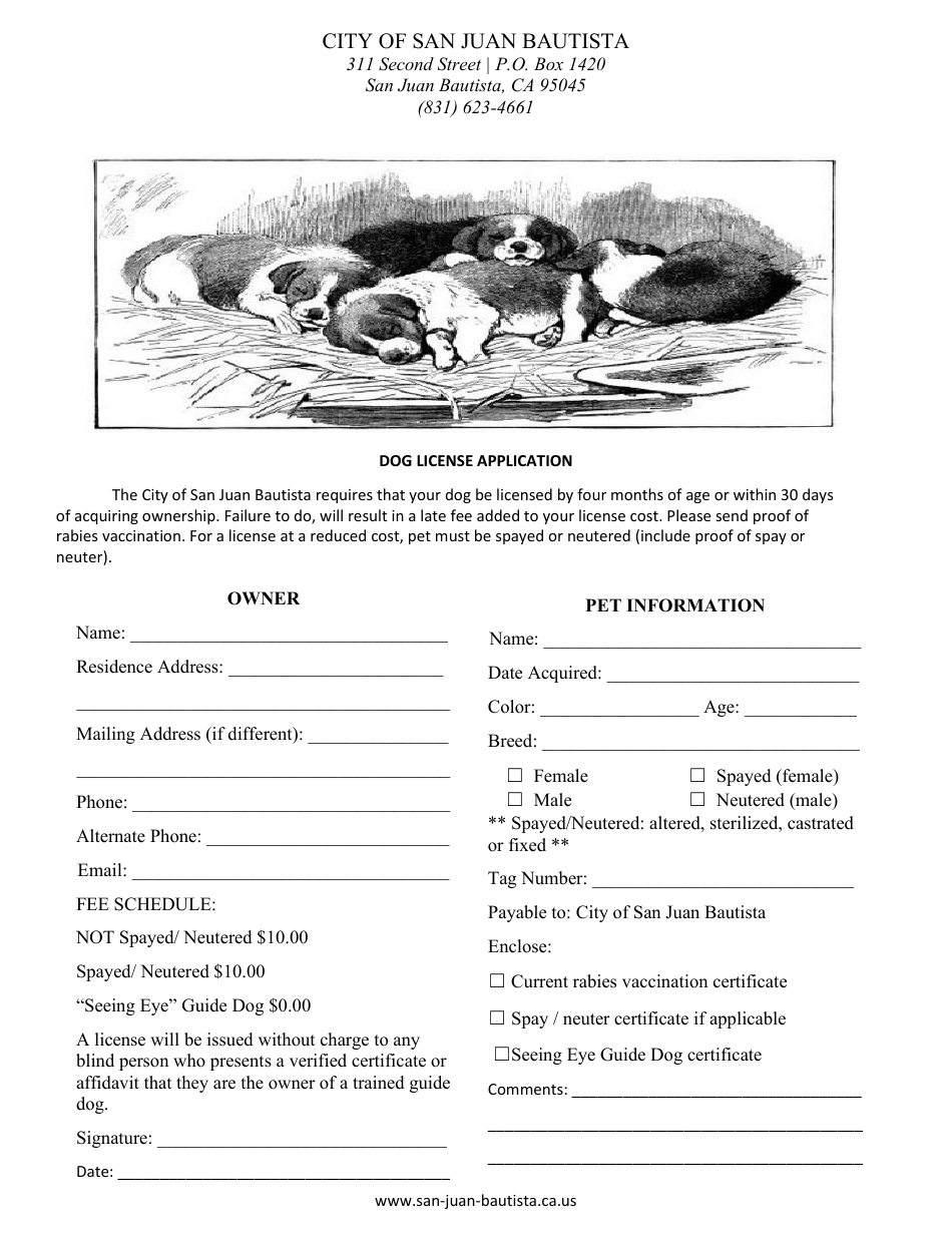 Dog License Application - City of San Juan Bautista, California, Page 1