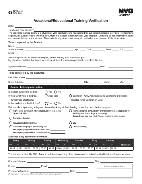 Form CFWB-005 Vocational/Educational Training Verification - New York City