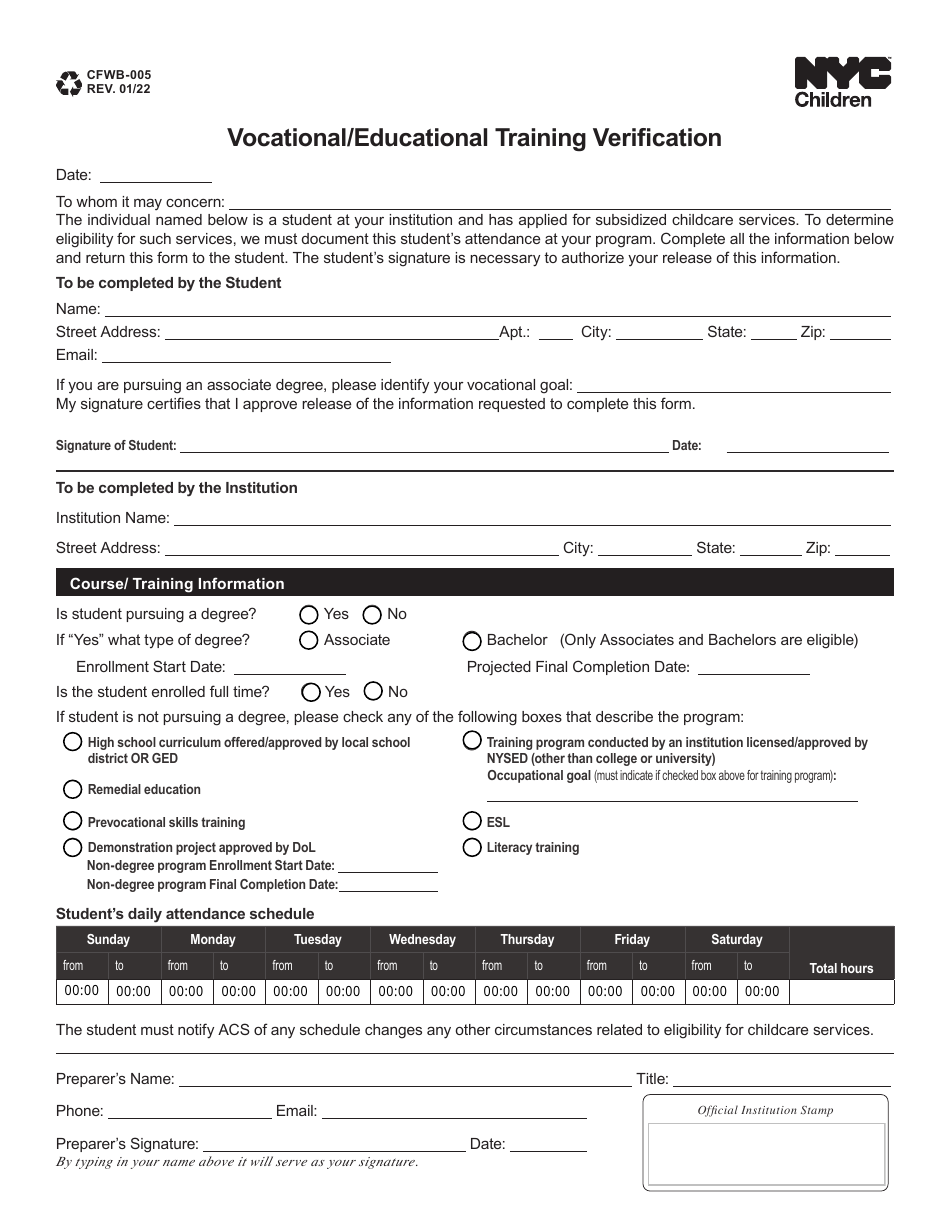 Form CFWB-005 Vocational / Educational Training Verification - New York City, Page 1