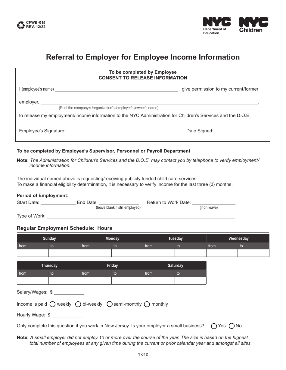 Form CFWB-015 Referral to Employer for Employee Income Information - New York City, Page 1