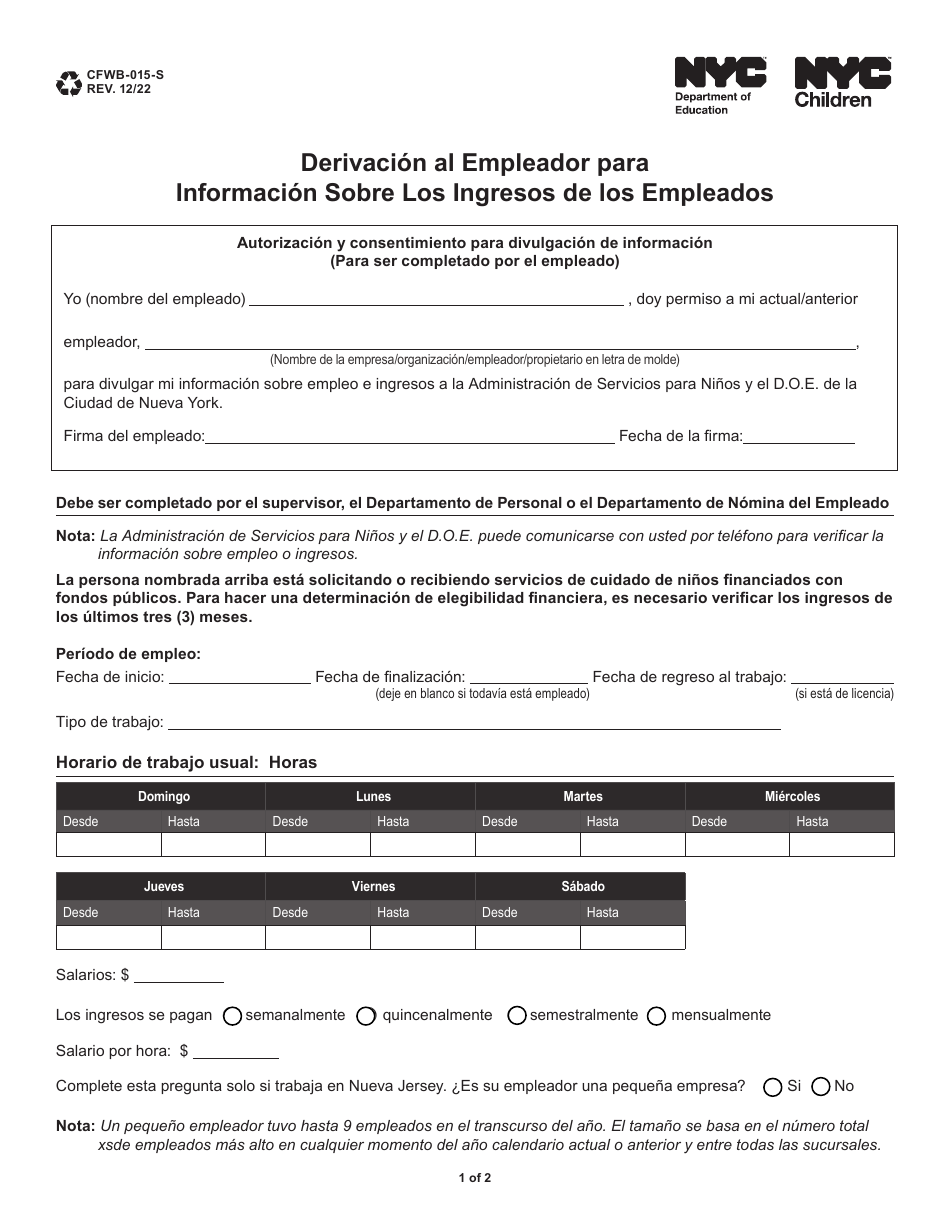 Formulario CFWB-015 Derivacion Al Empleador Para Informacion Sobre Los Ingresos De Los Empleados - New York City (Spanish), Page 1