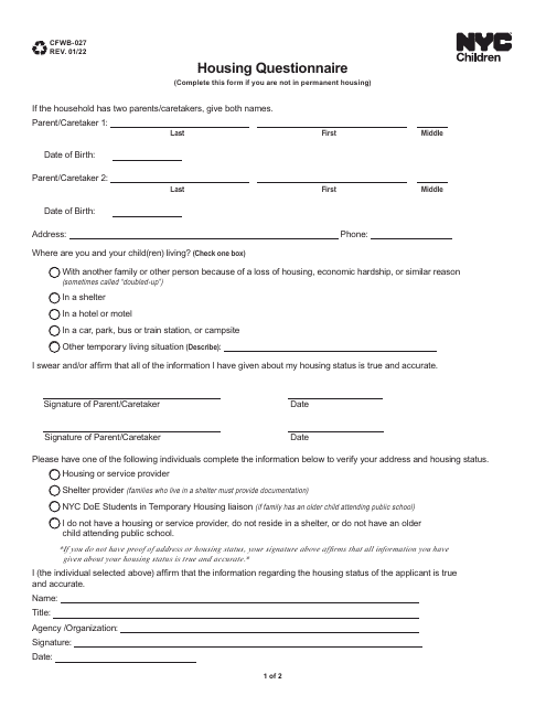 Form CFWB-027 Housing Questionnaire - New York City