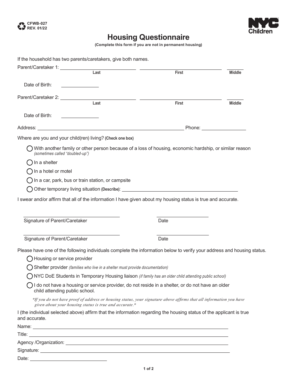 Form CFWB-027 Housing Questionnaire - New York City, Page 1