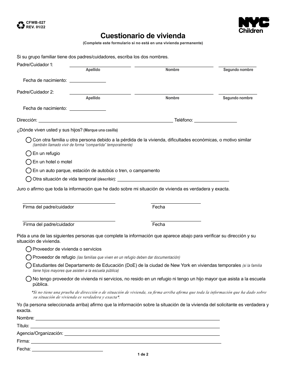 Formulario CFWB-027 Cuestionario De Vivienda - New York City (Spanish), Page 1