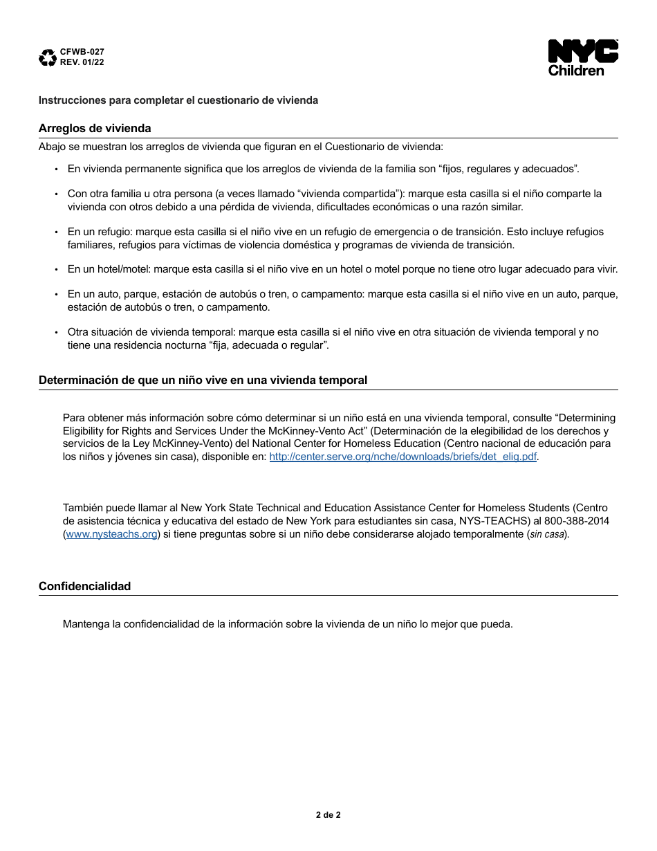 Formulario CFWB-027 Cuestionario De Vivienda - New York City (Spanish), Page 2