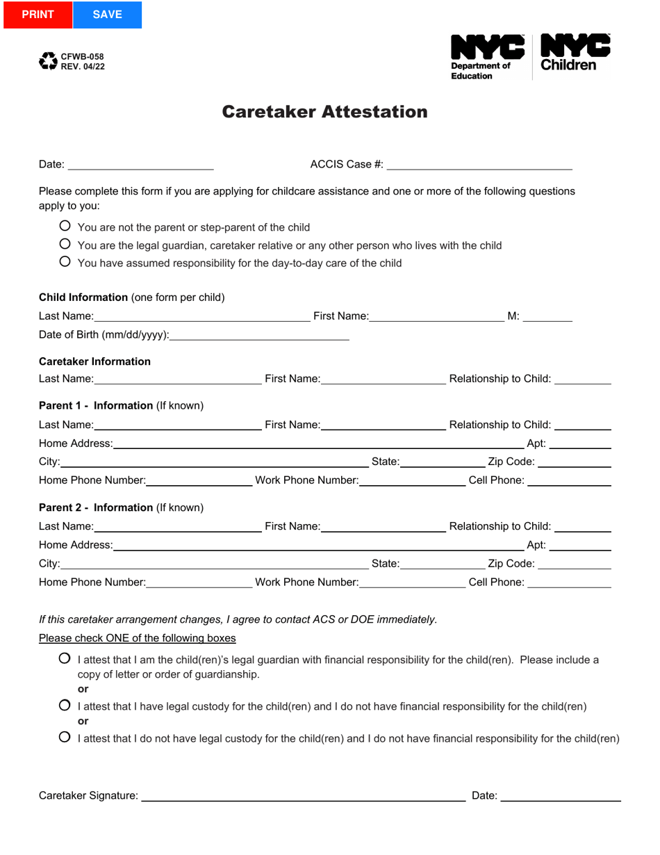Form CFWB-058 Caretaker Attestation - New York City, Page 1