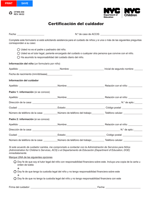 Formulario CFWB-058 Certificacion Del Cuidador - New York City (Spanish)