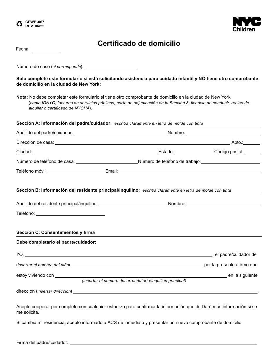 Formulario CFWB-067 Certificado De Domicilio - New York City (Spanish), Page 1