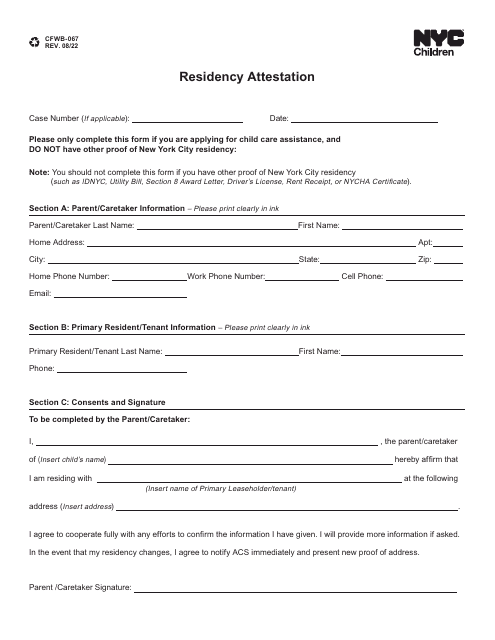 Form CFWB-067 Residency Attestation - New York City
