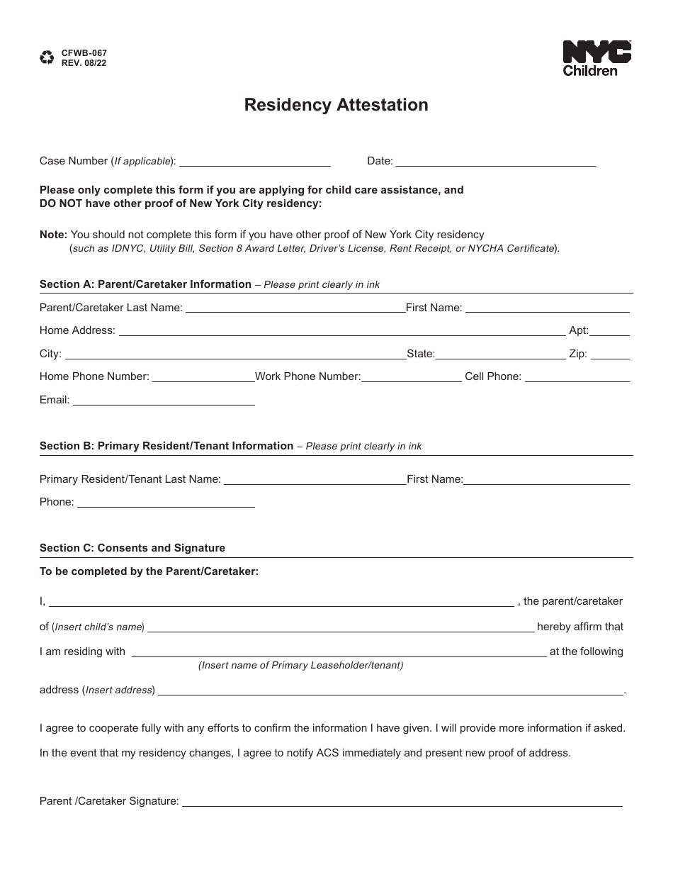 Form CFWB-067 Residency Attestation - New York City, Page 1