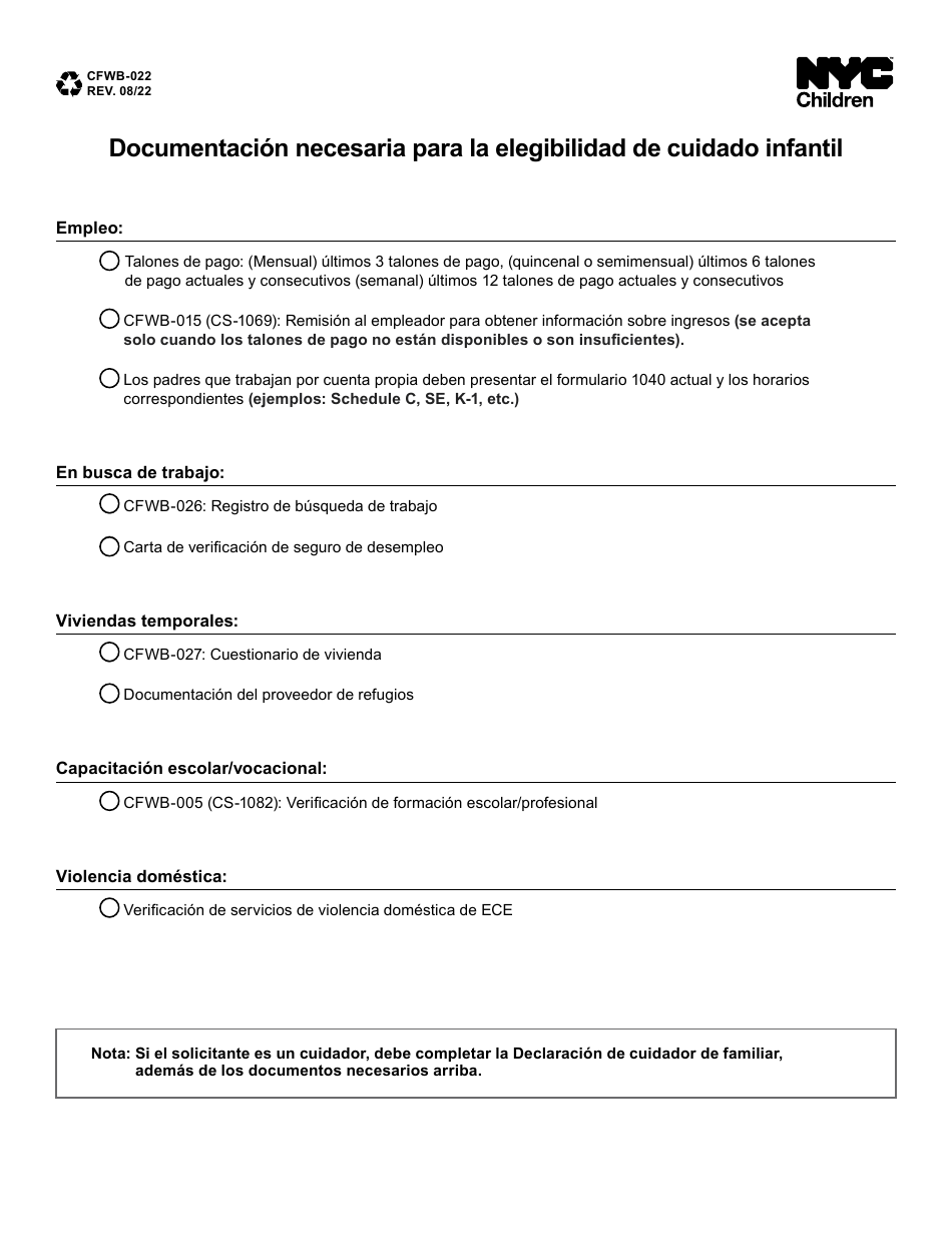 Formulario CFWB-022 Documentacion Necesaria Para La Elegibilidad De Cuidado Infantil - New York City (Spanish), Page 1