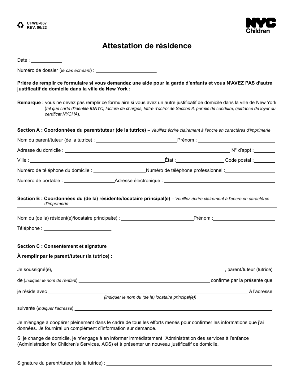 Form CFWB-067 Residency Attestation - New York City (French), Page 1