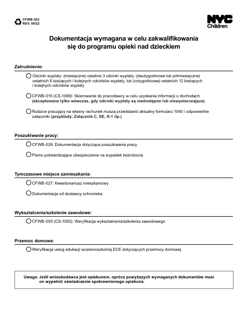 Form CFWB-022 Documentation Required for Child Care Eligibility - New York City (Polish)