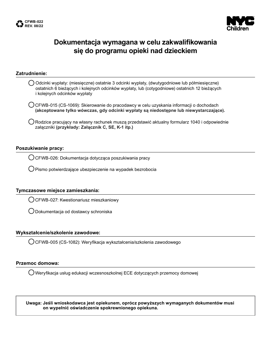 Form CFWB-022 Documentation Required for Child Care Eligibility - New York City (Polish), Page 1