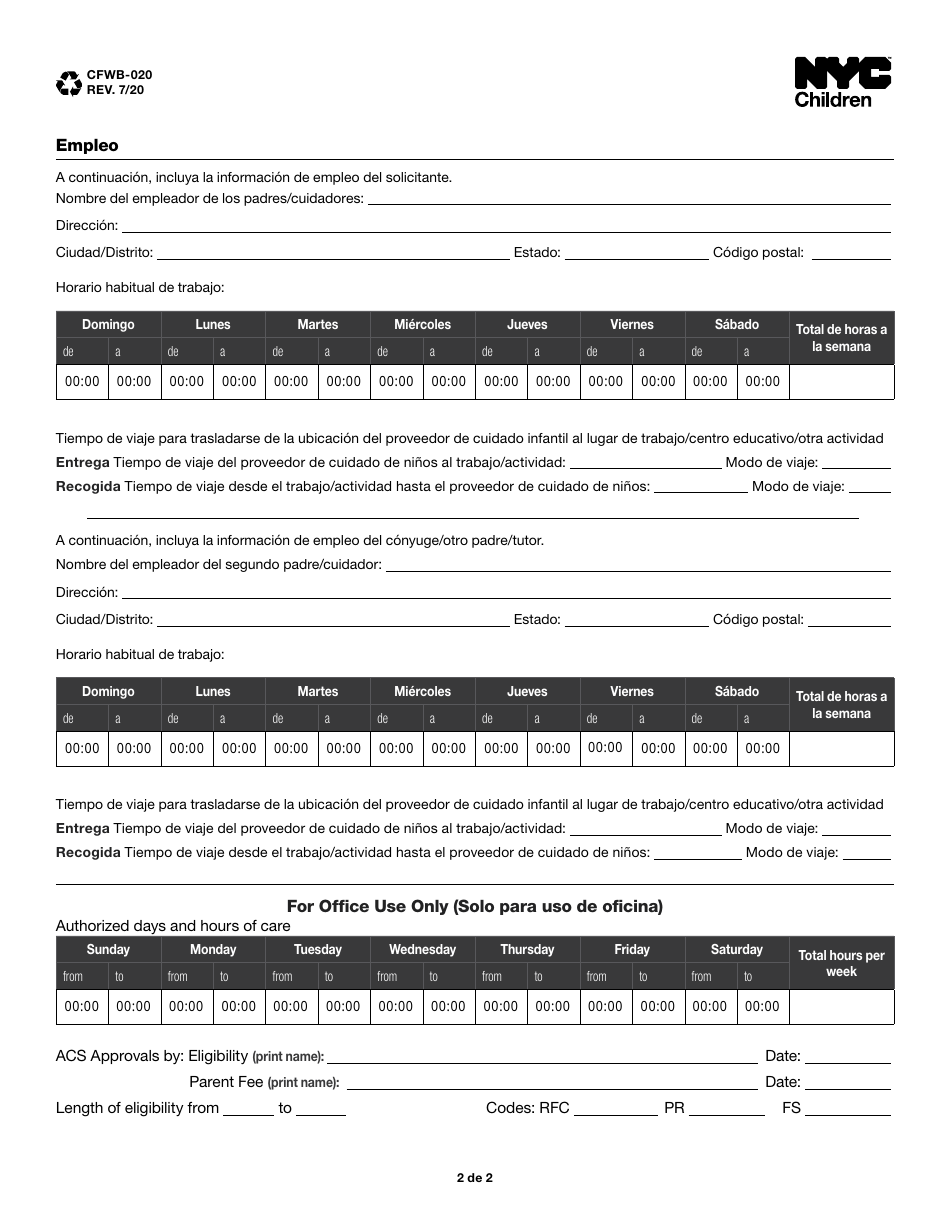 Formulario CFWB-020 Ingresos De Empleo Y Otras Fuentes - New York City (Spanish), Page 2