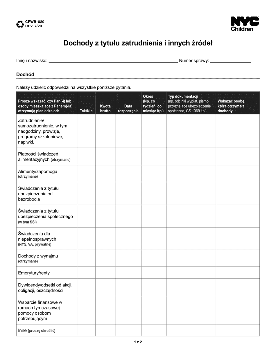 Form CFWB-020 Income From Employment and Other Sources - New York City (Polish), Page 1