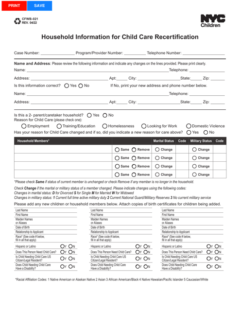 Form CFWB-021 Household Information for Child Care Recertification - New York City