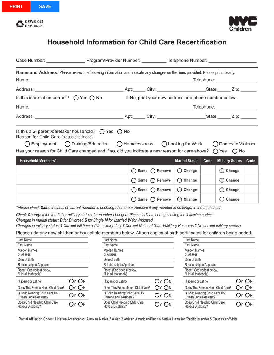 Form CFWB-021 Household Information for Child Care Recertification - New York City, Page 1