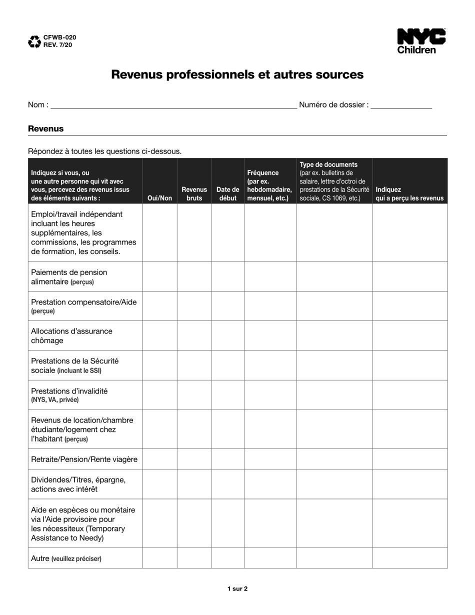 Form CFWB-020 Income From Employment and Other Sources - New York City (French), Page 1