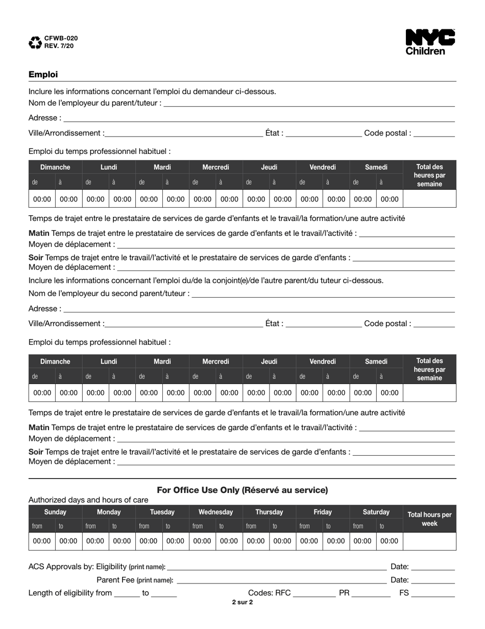 Form CFWB-020 Income From Employment and Other Sources - New York City (French), Page 2